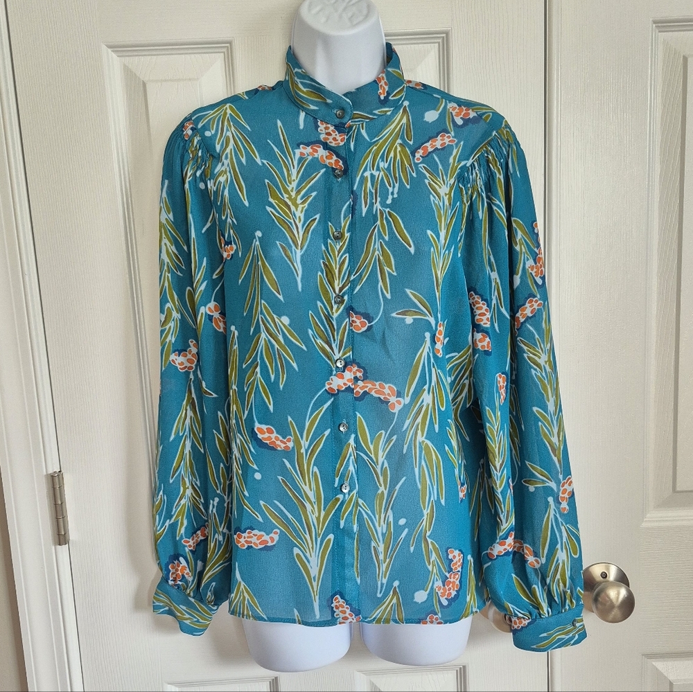 Campus Casuals Vintage 1970s Blue Green Leaf Semi Sheer Button Down Shirt Size 9
